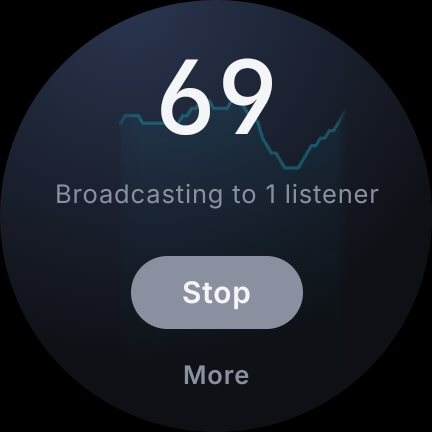 Relay on a watch, broadcasting 69 bpm to one listener