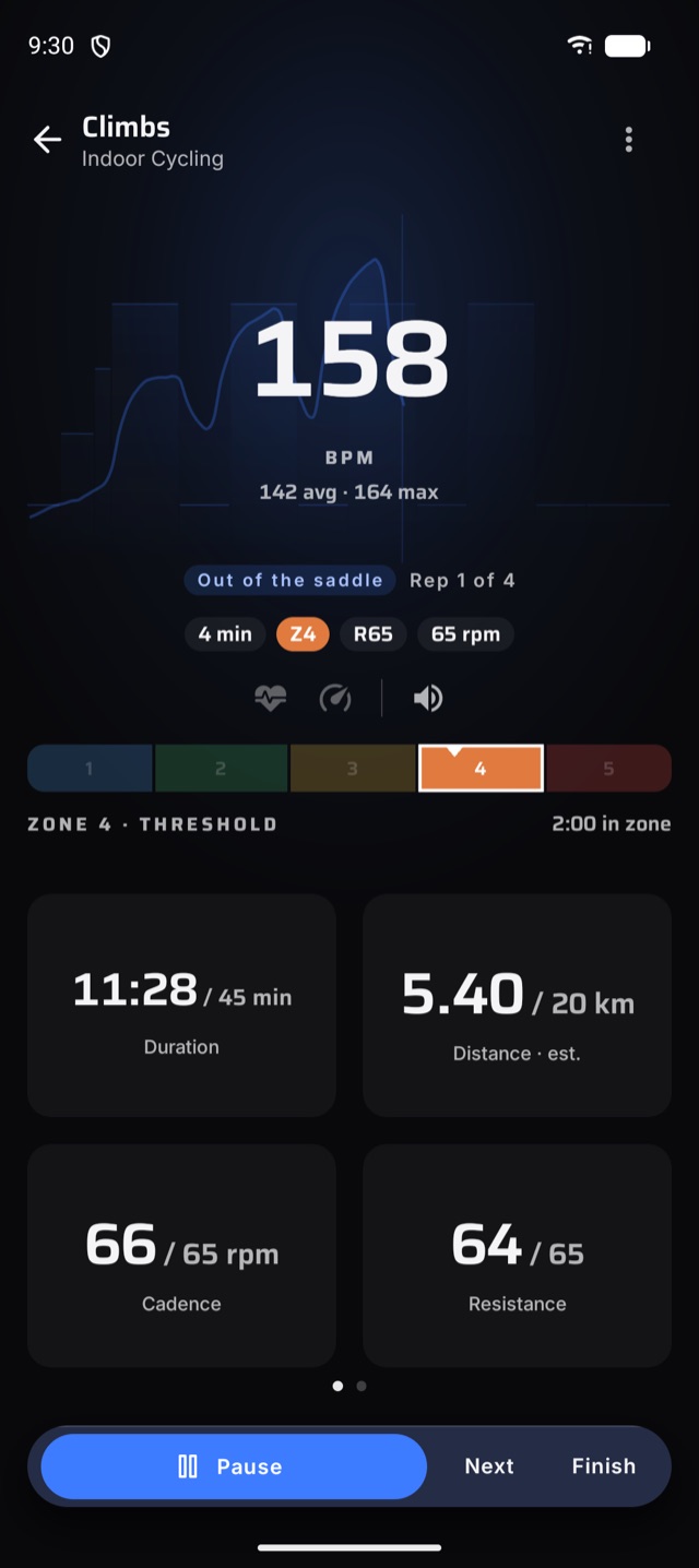 Recording a spin ride on a zone 4 climb, with the segment's targets and the ride's profile behind the heart rate