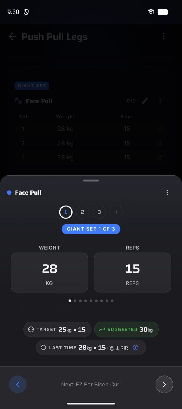 Logging a set in a giant set, with the planned target, last session's weights and a suggestion